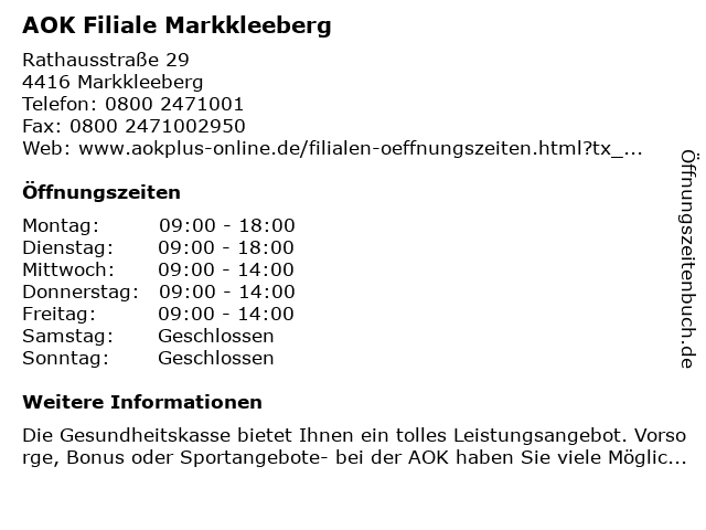 AOK Filiale Markkleeberg in Markkleeberg: Adresse und Öffnungszeiten