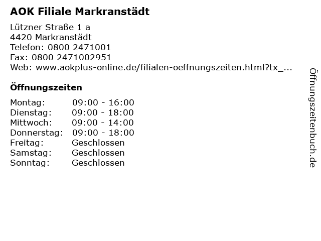 AOK Filiale Markranstädt in Markranstädt: Adresse und Öffnungszeiten
