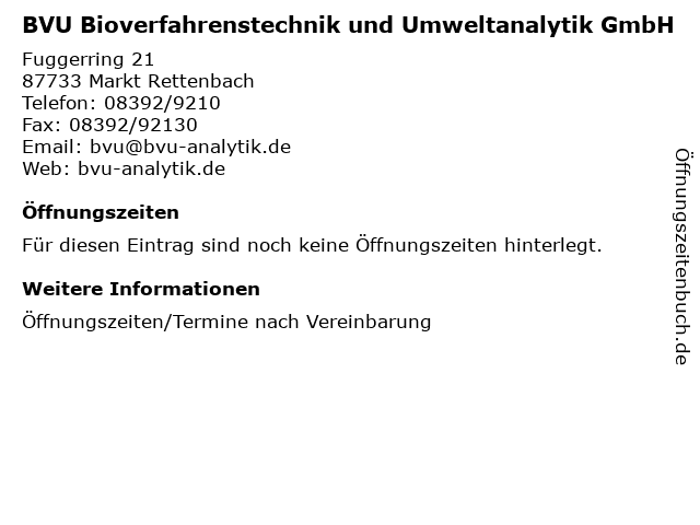 BVU Bioverfahrenstechnik und Umweltanalytik GmbH in Markt Rettenbach: Adresse und Öffnungszeiten