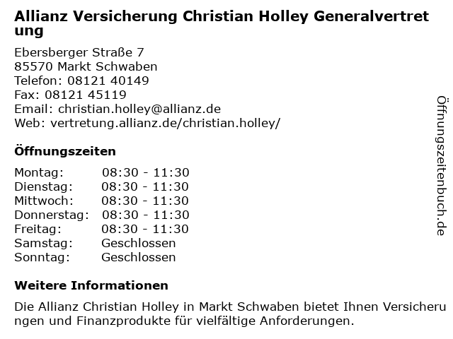 Allianz Vertretung Christian Holley in Markt Schwaben: Adresse und Öffnungszeiten