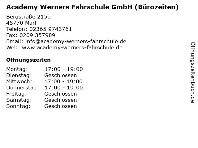 Academy Werners Fahrschule GmbH (Bürozeiten) in Marl: Adresse und Öffnungszeiten