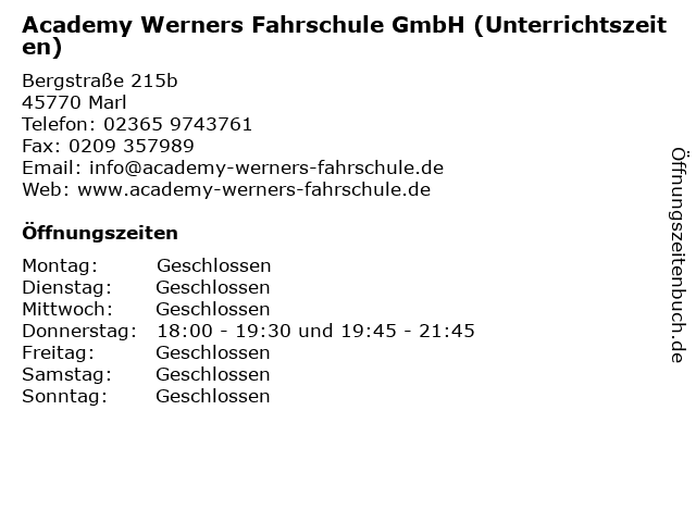 Academy Werners Fahrschule GmbH (Unterrichtszeiten) in Marl: Adresse und Öffnungszeiten