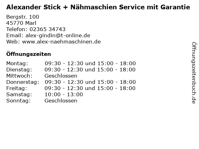 Alexander Stick + Nähmaschien Service mit Garantie in Marl: Adresse und Öffnungszeiten