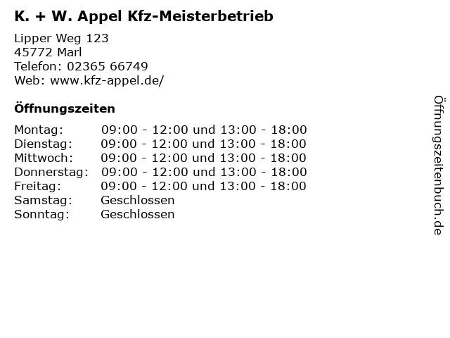 K. + W. Appel Kfz-Meisterbetrieb in Marl: Adresse und Öffnungszeiten