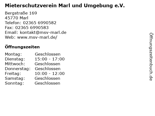 Mieterschutzverein Marl und Umgebung e.V. in Marl: Adresse und Öffnungszeiten
