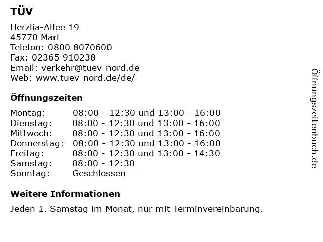TÜV in Marl: Adresse und Öffnungszeiten