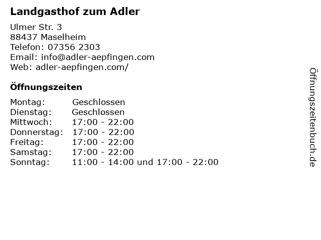 Landgasthof zum Adler in Maselheim: Adresse und Öffnungszeiten