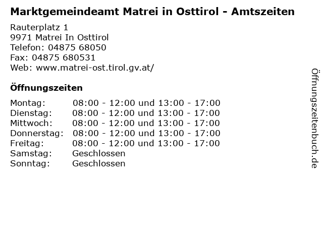 Marktgemeindeamt Matrei in Osttirol - Amtszeiten in Matrei In Osttirol: Adresse und Öffnungszeiten