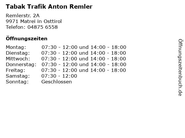 Tabak Trafik Anton Remler in Matrei in Osttirol: Adresse und Öffnungszeiten