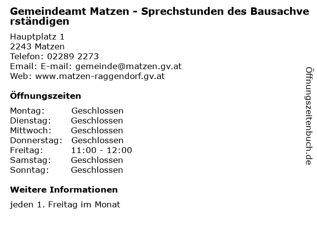 Gemeindeamt Matzen - Sprechstunden des Bausachverständigen in Matzen: Adresse und Öffnungszeiten