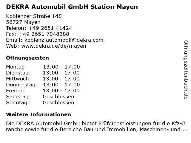 DEKRA Automobil GmbH Station Mayen in Mayen: Adresse und Öffnungszeiten