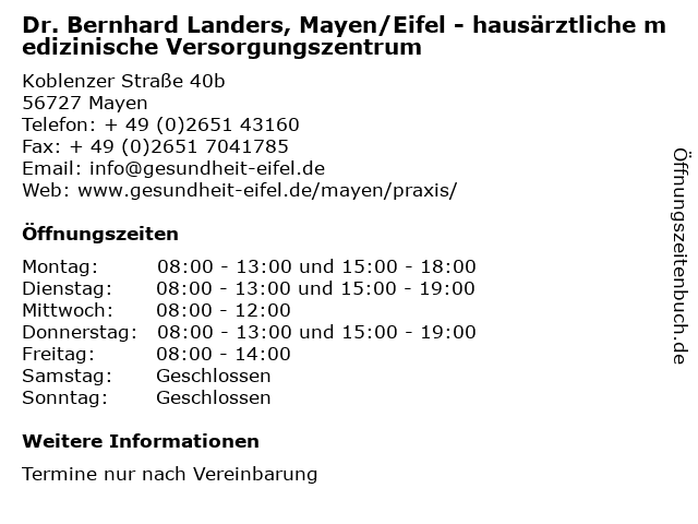 Dr. Bernhard Landers, Mayen/Eifel - hausärztliche medizinische Versorgungszentrum in Mayen: Adresse und Öffnungszeiten