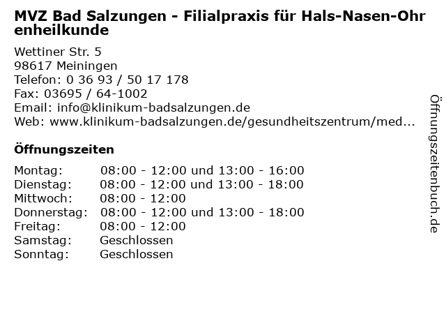 MVZ Bad Salzungen - Filialpraxis für Hals-Nasen-Ohrenheilkunde in Meiningen: Adresse und Öffnungszeiten