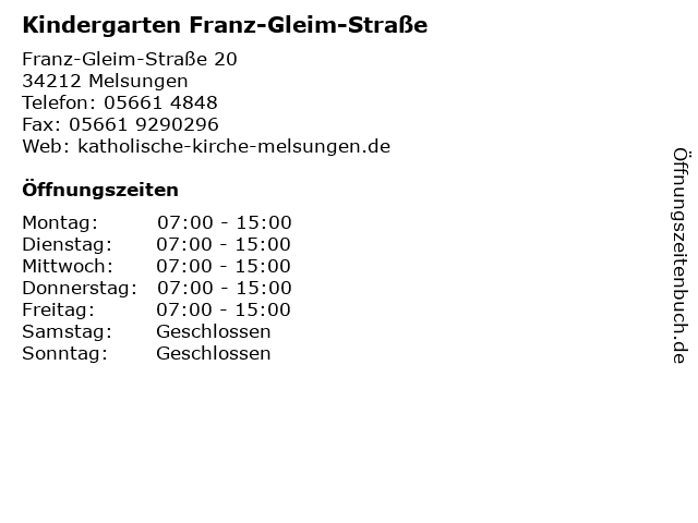 Kindergarten Franz-Gleim-Straße in Melsungen: Adresse und Öffnungszeiten