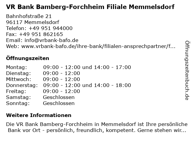 ᐅ Offnungszeiten Vr Bank Bamberg Eg Geschaftsstelle Memmelsdorf
