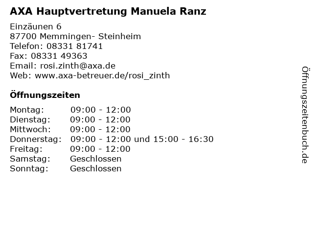ᐅ Offnungszeiten Axa Hauptvertretung Manuela Ranz Fraunhofer Strasse 5 In Memmingen