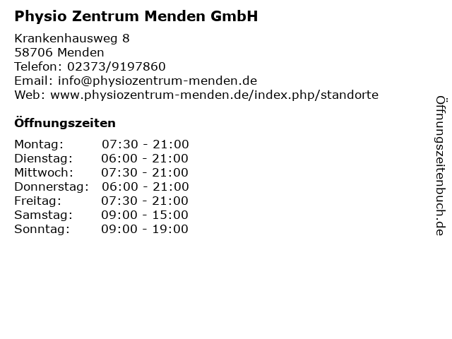 Physio Zentrum Menden GmbH in Menden: Adresse und Öffnungszeiten