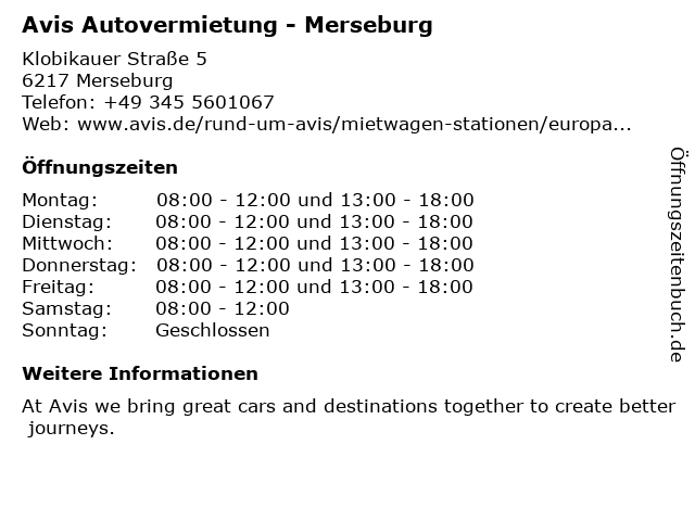 Avis Autovermietung - Merseburg in Merseburg: Adresse und Öffnungszeiten