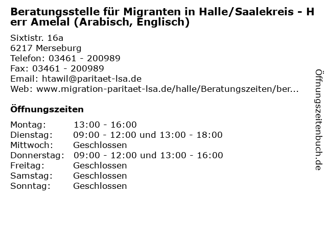 Beratungsstelle für Migranten in Halle/Saalekreis - Herr Amelal (Arabisch, Englisch) in Merseburg: Adresse und Öffnungszeiten