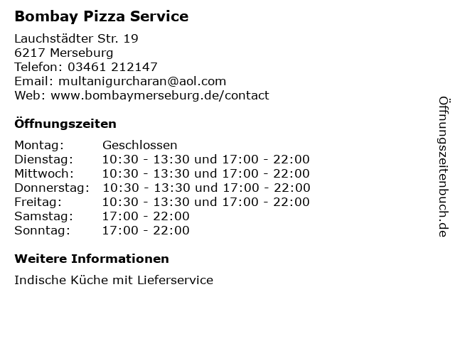 Bombay Pizza Service in Merseburg: Adresse und Öffnungszeiten