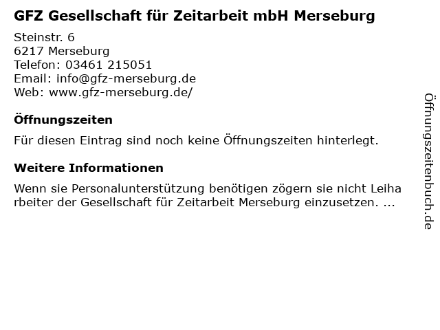 GFZ Gesellschaft für Zeitarbeit mbH Merseburg in Merseburg: Adresse und Öffnungszeiten