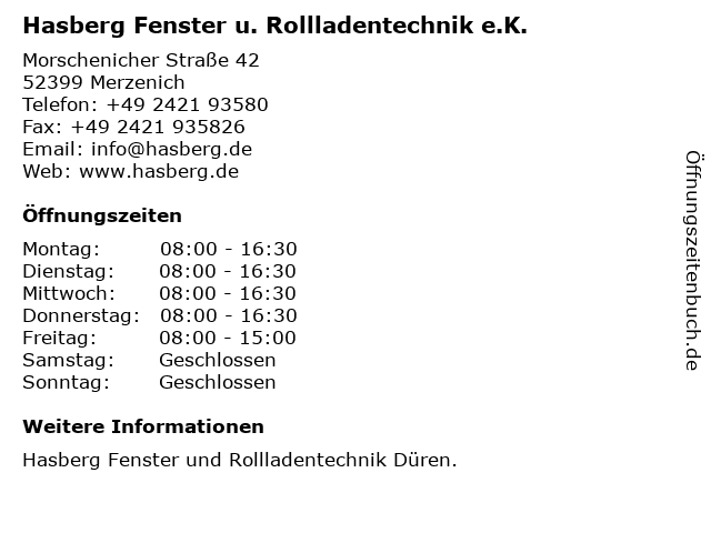 Hasberg-Weber Rolladen- und Fenstertechnik in Merzenich: Adresse und Öffnungszeiten
