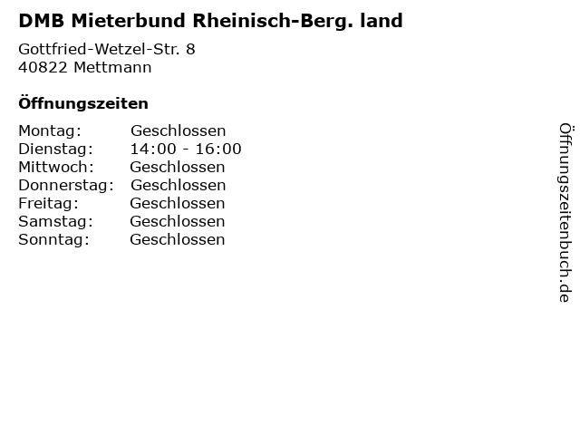 DMB Mieterbund Rheinisch-Berg. land in Mettmann: Adresse und Öffnungszeiten
