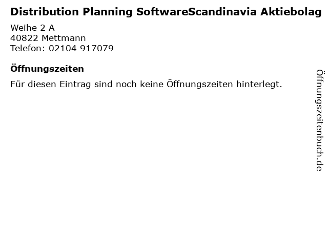 Distribution Planning SoftwareScandinavia Aktiebolag in Mettmann: Adresse und Öffnungszeiten