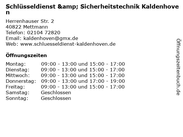 Schlüsseldienst & Sicherheitstechnik Kaldenhoven in Mettmann: Adresse und Öffnungszeiten