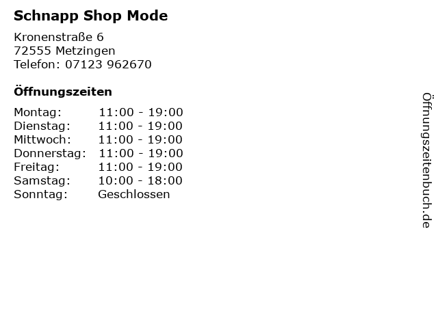 Schnapp Shop Mode in Metzingen: Adresse und Öffnungszeiten