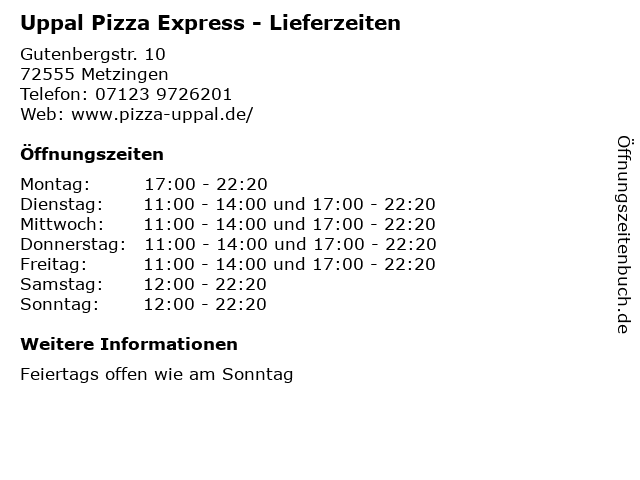 Uppal Pizza Express - Lieferzeiten in Metzingen: Adresse und Öffnungszeiten