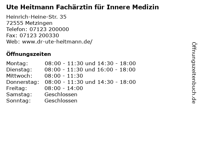 Ute Heitmann Fachärztin für Innere Medizin in Metzingen: Adresse und Öffnungszeiten