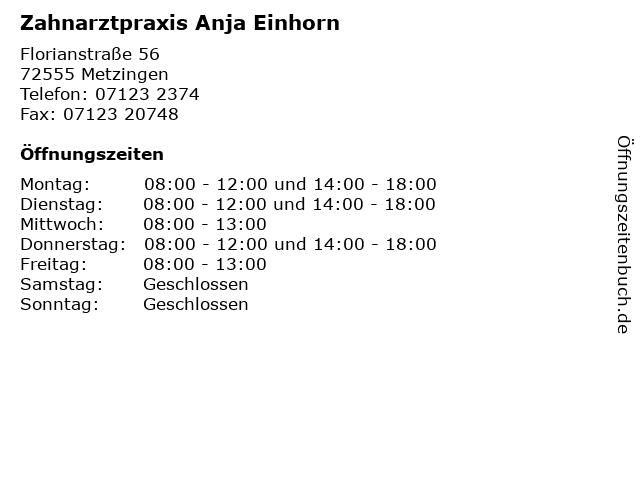 Zahnarztpraxis Anja Einhorn in Metzingen: Adresse und Öffnungszeiten