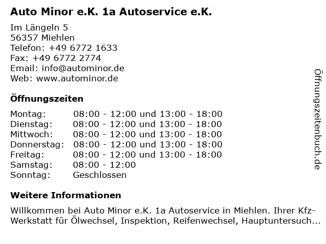 Auto Minor e.K., Inh. Rudolf Minor in Miehlen: Adresse und Öffnungszeiten