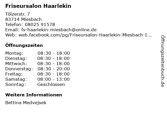 ᐅ Öffnungszeiten „Friseursalon Haarlekin“ Tölzerstr. 7