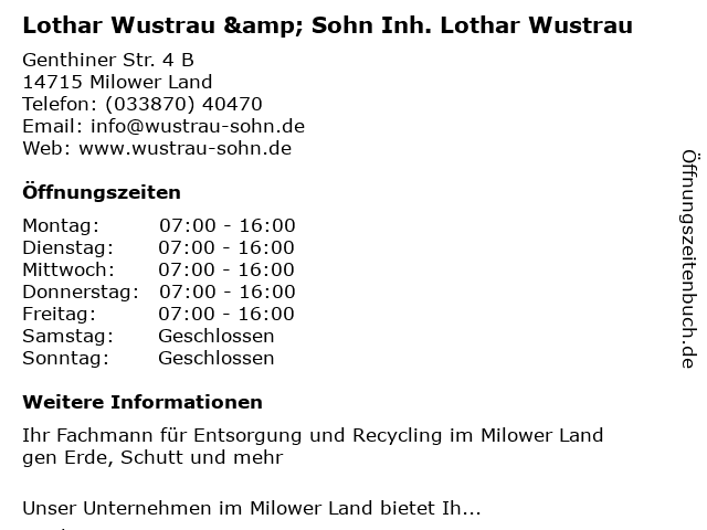 Lothar Wustrau & Sohn Inh. Lothar Wustrau in Milower Land: Adresse und Öffnungszeiten