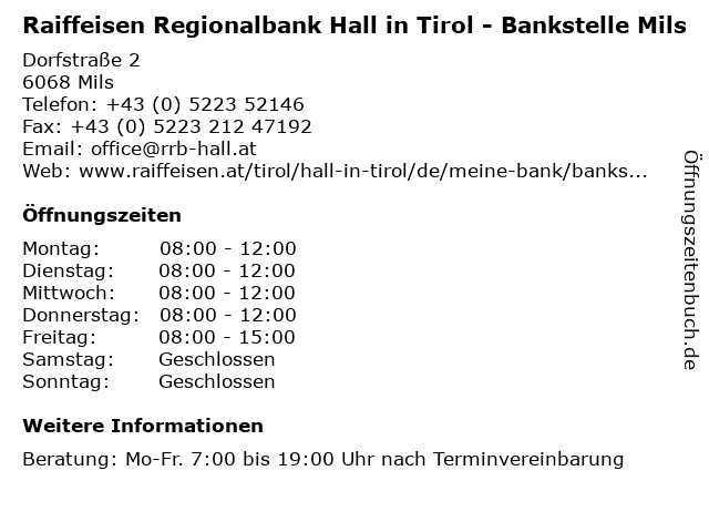 Raiffeisen Regionalbank Hall in Tirol - Bankstelle Mils in Mils: Adresse und Öffnungszeiten