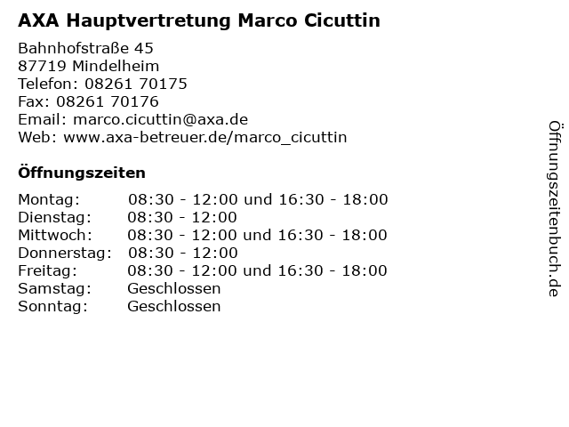 AXA Hauptvertretung Marco Cicuttin in Mindelheim: Adresse und Öffnungszeiten