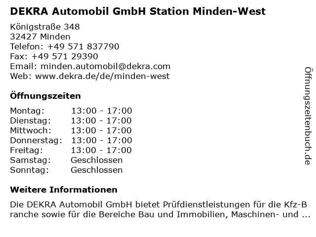 DEKRA Automobil GmbH Station Minden-West in Minden: Adresse und Öffnungszeiten