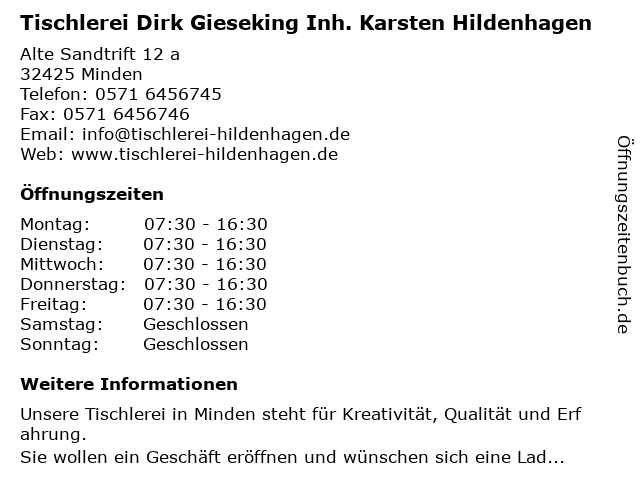 Tischlerei Dirk Gieseking Inh. Karsten Hildenhagen in Minden: Adresse und Öffnungszeiten
