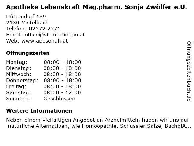 Apotheke Lebenskraft Mag.pharm. Sonja Zwölfer e.U. in Mistelbach: Adresse und Öffnungszeiten