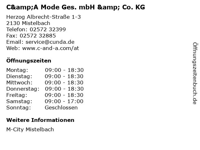 C&A Mode Ges. mbH & Co. KG in Mistelbach: Adresse und Öffnungszeiten