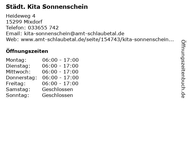Städt. Kita Sonnenschein in Mixdorf: Adresse und Öffnungszeiten
