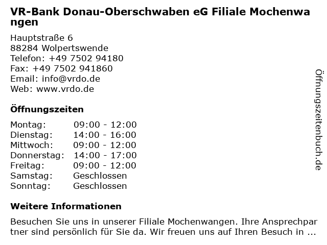 ᐅ Offnungszeiten Volksbank Bad Saulgau Eg Filiale Mochenwangen