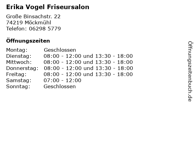 ᐅ Offnungszeiten Erika Vogel Friseursalon Grosse Binsachstr 22 In Mockmuhl