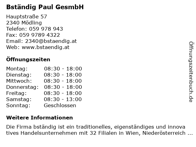 Bständig Paul GesmbH in Mödling: Adresse und Öffnungszeiten