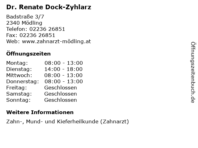 Dr. Renate Dock-Zyhlarz in Mödling: Adresse und Öffnungszeiten