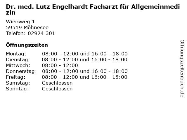 Dr. med. Lutz Engelhardt Facharzt für Allgemeinmedizin in Möhnesee: Adresse und Öffnungszeiten