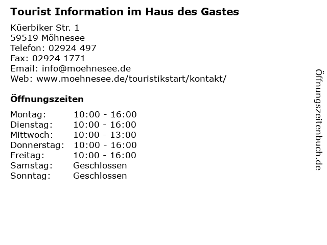 Tourist Information im Haus des Gastes in Möhnesee: Adresse und Öffnungszeiten