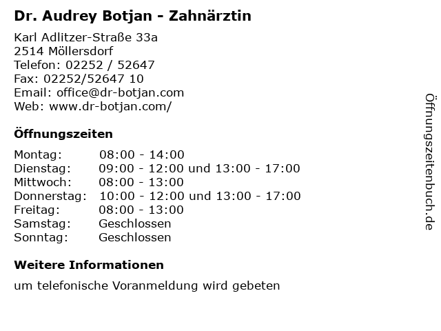 Dr. Audrey Botjan - Zahnärztin in Möllersdorf: Adresse und Öffnungszeiten